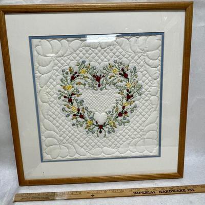 Framed Cross-stitched Heart Wreath on Quilted Background