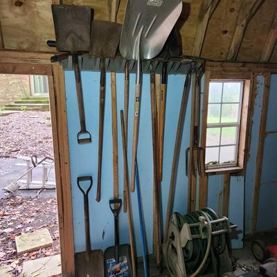 Wall Lot of Garden Yard Tools Shovels Garden Hose & Reel, Brooms,