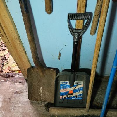 Wall Lot of Garden Yard Tools Shovels Garden Hose & Reel, Brooms,