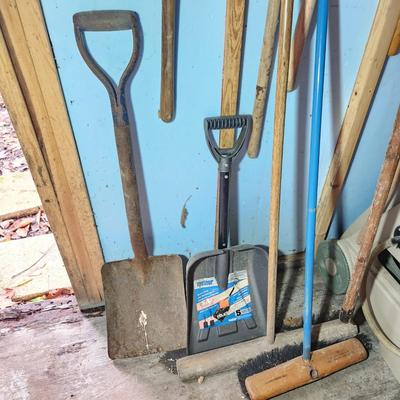 Wall Lot of Garden Yard Tools Shovels Garden Hose & Reel, Brooms,