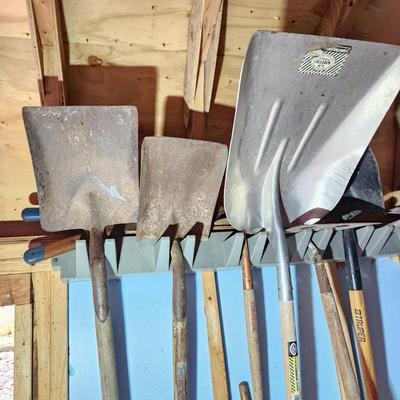 Wall Lot of Garden Yard Tools Shovels Garden Hose & Reel, Brooms,