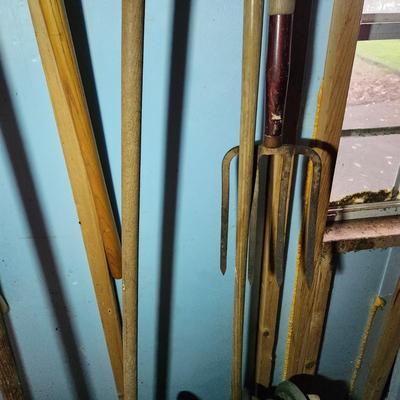 Wall Lot of Garden Yard Tools Shovels Garden Hose & Reel, Brooms,