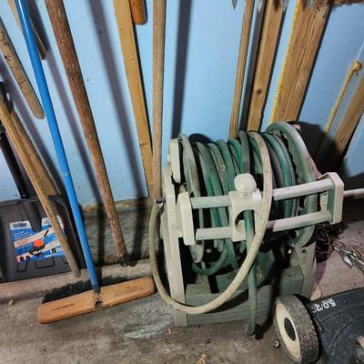 Wall Lot of Garden Yard Tools Shovels Garden Hose & Reel, Brooms,