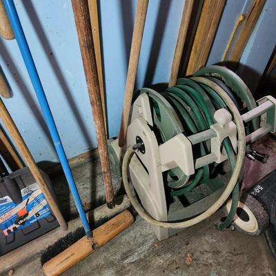 Wall Lot of Garden Yard Tools Shovels Garden Hose & Reel, Brooms,