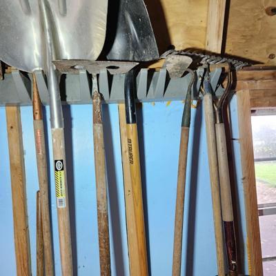 Wall Lot of Garden Yard Tools Shovels Garden Hose & Reel, Brooms,