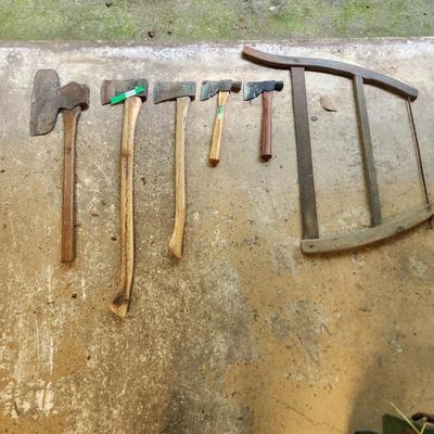 Vintage Tool Lot Broad Axe, Plumb Hatchet, Axes, Bow Saw