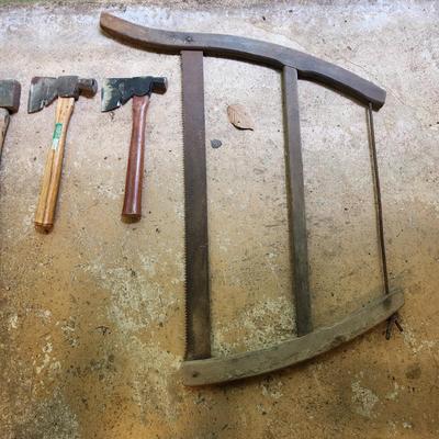 Vintage Tool Lot Broad Axe, Plumb Hatchet, Axes, Bow Saw