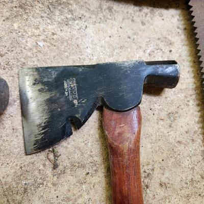 Vintage Tool Lot Broad Axe, Plumb Hatchet, Axes, Bow Saw