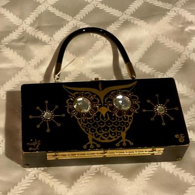 Black owl purse with mirror made by Enid Collins