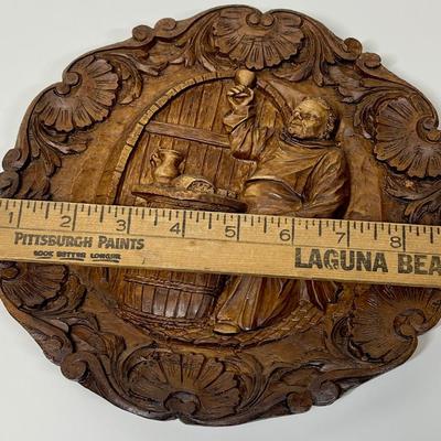 Vintage German Deeply Embossed Plaque - Monk in Wine Cellar