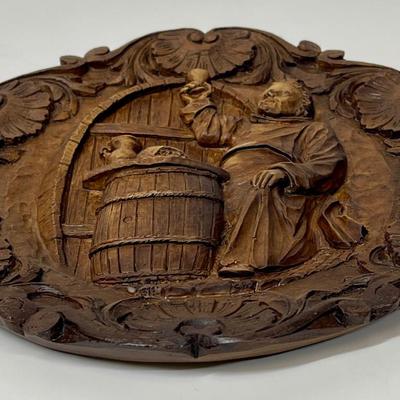 Vintage German Deeply Embossed Plaque - Monk in Wine Cellar