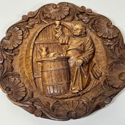 Vintage German Deeply Embossed Plaque - Monk in Wine Cellar