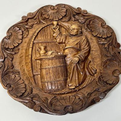 Vintage German Deeply Embossed Plaque - Monk in Wine Cellar