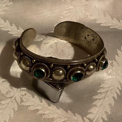 Siam Sterling silver cuff bracelet has green insets