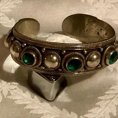 Siam Sterling silver cuff bracelet has green insets
