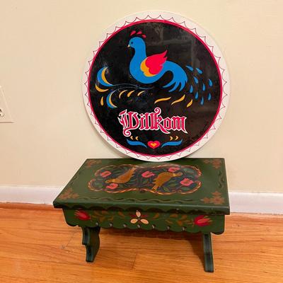 2 Pc. Folk Art Lot - Vntg. Painted Foot Stool, New Metal Wall Hanging