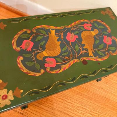 2 Pc. Folk Art Lot - Vntg. Painted Foot Stool, New Metal Wall Hanging