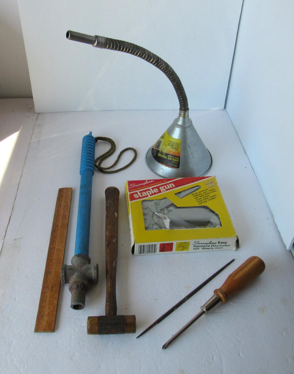 Misc Old Tools, Tire Thumper, Hammer, Funnel, Staple Gun, More