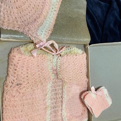 Baby girl sweater, booties and bonnet