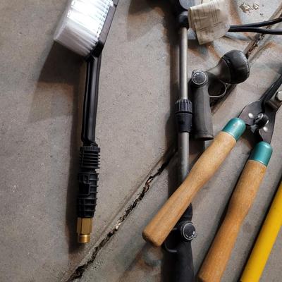Lot of yard items and jumper cables