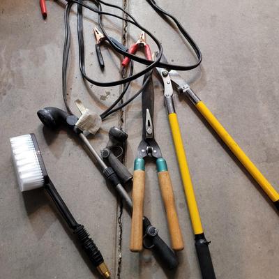 Lot of yard items and jumper cables