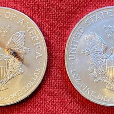Two One Dollar Silver American Eagle Coins, 2002 & 2004