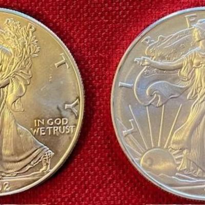 Two One Dollar Silver American Eagle Coins, 2002 & 2004