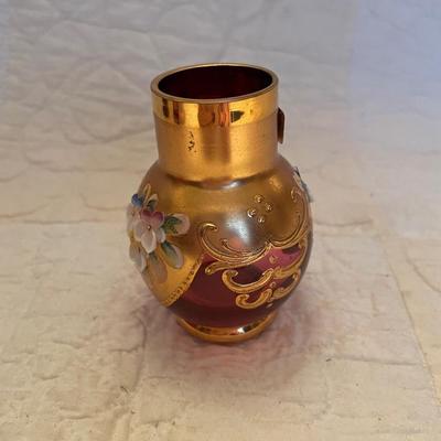 Ruby red glass vase 24k gold paint