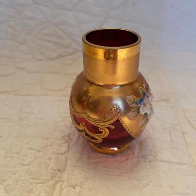 Ruby red glass vase 24k gold paint