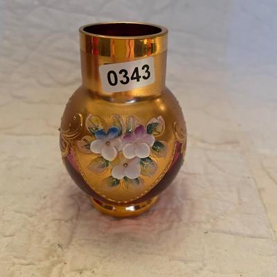 Ruby red glass vase 24k gold paint