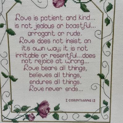 Framed Cross Stitch with Inspirational Love Is Bible Verse