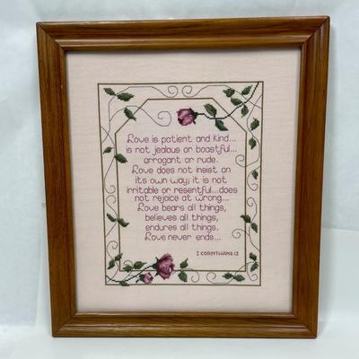 Framed Cross Stitch with Inspirational Love Is Bible Verse