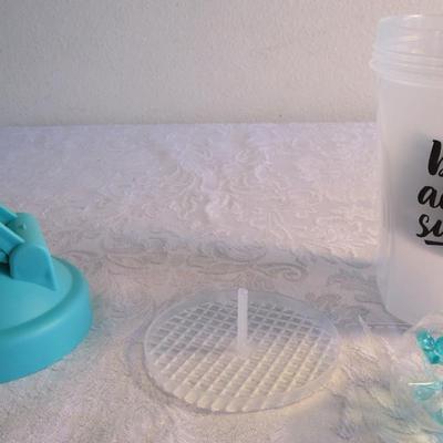 Plastic mixer cup, hand egg beater, tongs, silicone pot handle holder, 2 steak knives