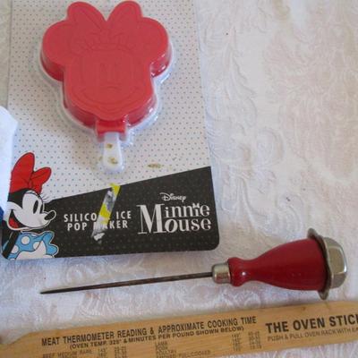 Mug rug (new), Slow cooker liners, oven towel, apron, ice pick, oven stick, Minnie Mouse ice pop maker