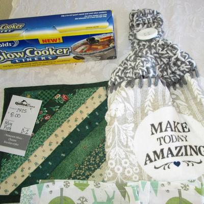 Mug rug (new), Slow cooker liners, oven towel, apron, ice pick, oven stick, Minnie Mouse ice pop maker