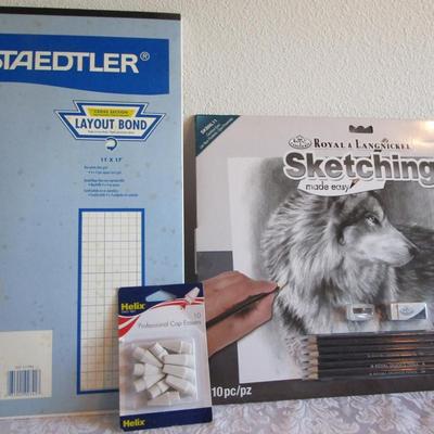 New sketching pad with pencils, graph paper 11" x 17", pkg of 10 white professional cap erasers