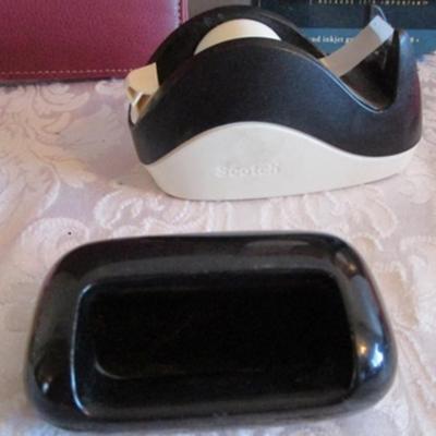 Franklin Covey binder, envelopes, 3-hole punch, business card holder, tape dispenser, pencil erasers, lists pad