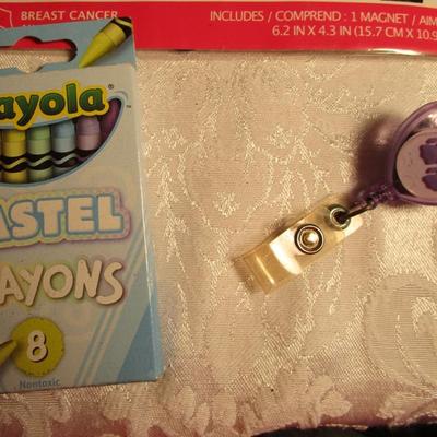 Small clock, retractable badge holders, 3-hole punch, key rings, magnets, crayons, stickers, coupon/recipe holder 3x5, 5 x 7 legal pad