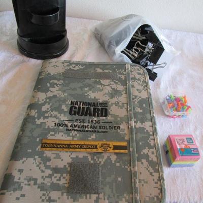 Desk organizer caddy (rotates), zippered portfolio organizer, large binder clips, push pins, 6" ruler