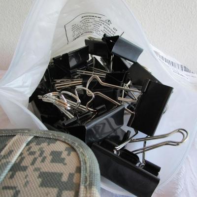 Desk organizer caddy (rotates), zippered portfolio organizer, large binder clips, push pins, 6" ruler