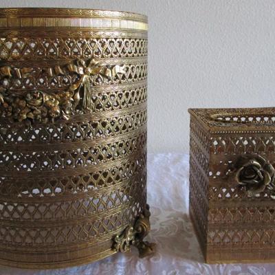 Gold-look tissue box holder & round trash can cover