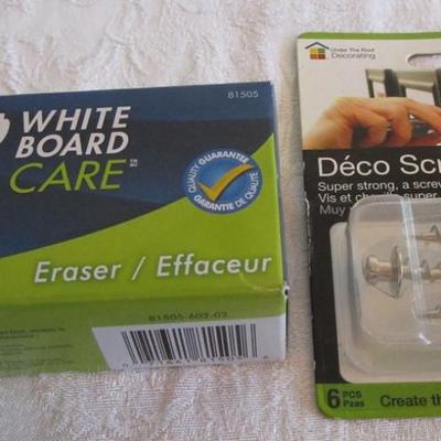 Shipping tape dispenser, 3-hole punch, Air duster, Expo eraser, picture hanging screws