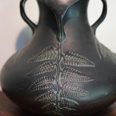 NORSE POTTERY FOUR HANDLED VASE FERN PATTERN , BRONZE UNDERTONE AS IS