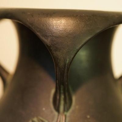 NORSE POTTERY FOUR HANDLED VASE FERN PATTERN , BRONZE UNDERTONE AS IS