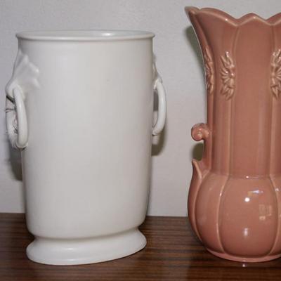 PAIR OF ABINGTON POTTERY VASES, WHITE W/RING HANDLES/ GLAZED SALMON COLOR #445
