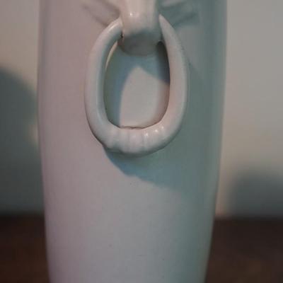 PAIR OF ABINGTON POTTERY VASES, WHITE W/RING HANDLES/ GLAZED SALMON COLOR #445
