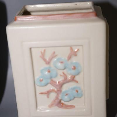 PAIR - POTTERY HUED TEAL COLOR GLOSS WITH BIRD EMBOSSES/ STAMPED HYALAND MATT GLAZE SQUARE VASE
