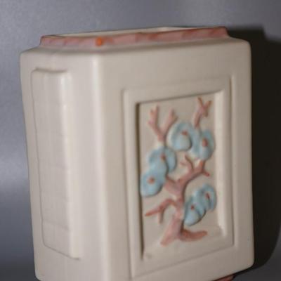 PAIR - POTTERY HUED TEAL COLOR GLOSS WITH BIRD EMBOSSES/ STAMPED HYALAND MATT GLAZE SQUARE VASE