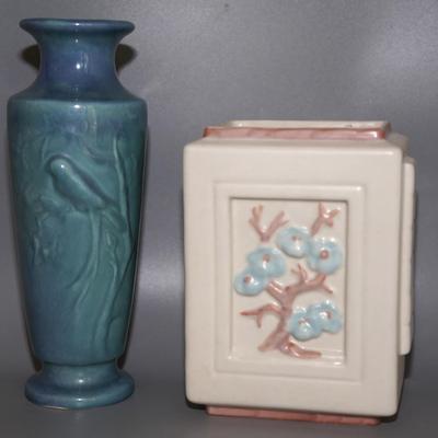 PAIR - POTTERY HUED TEAL COLOR GLOSS WITH BIRD EMBOSSES/ STAMPED HYALAND MATT GLAZE SQUARE VASE
