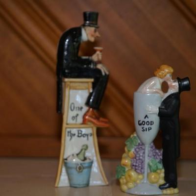 ANTIQUE PAIR OF CHARACTER PORCELIAN LIQUOR FLASKS. "ONE OF THE BOYS" , A GOOD SIP"